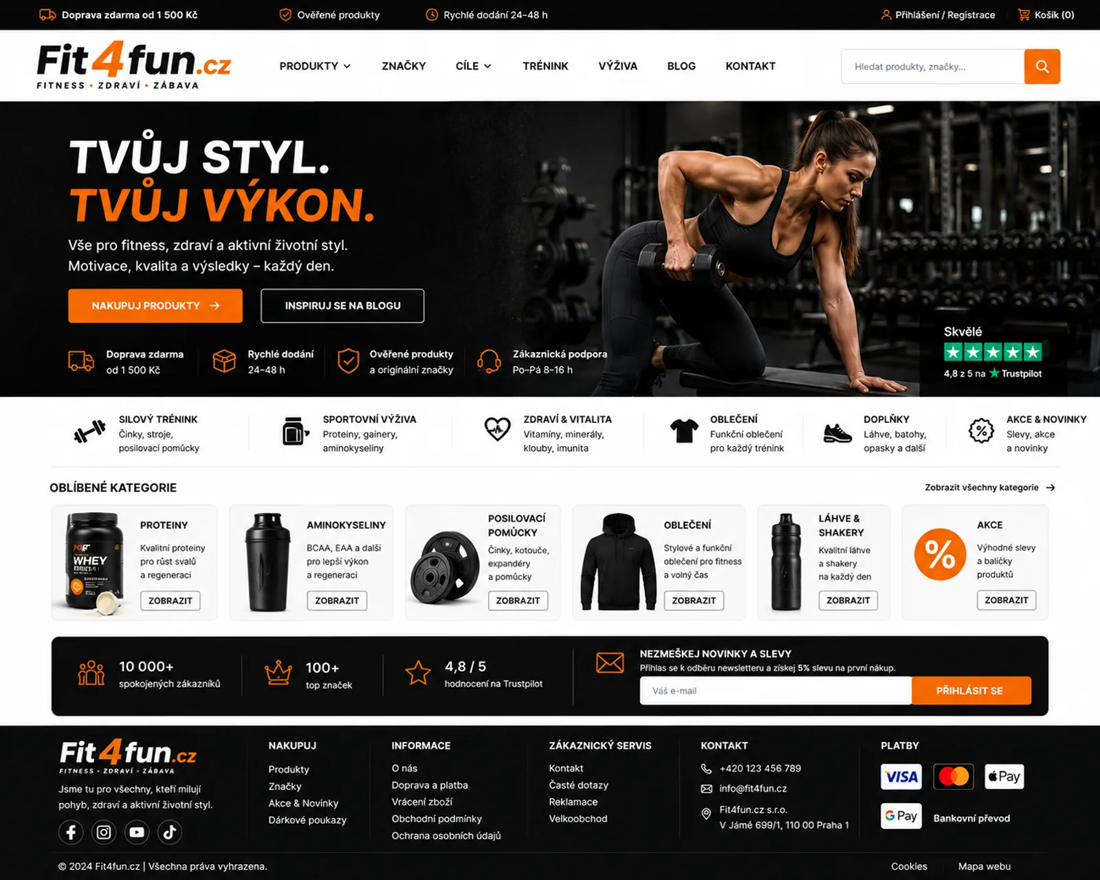 Ilustrační návrh fitness e-shopu Fit4fun.cz s výživou, oblečením a tréninkovými pomůckami